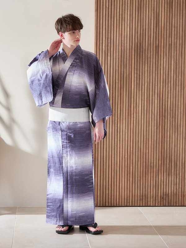 画像4: 【即日発送】【メンズ浴衣】濃淡紫地にボーダーデザインの紳士浴衣【浴衣３点セット 浴衣/帯/下駄】[FB03]