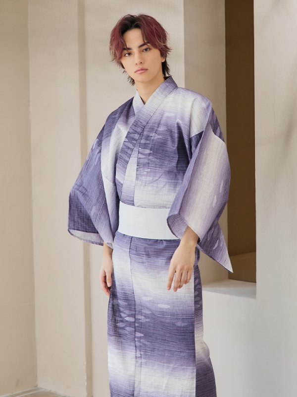画像3: 【即日発送】【メンズ浴衣】濃淡紫地にボーダーデザインの紳士浴衣【浴衣３点セット 浴衣/帯/下駄】[FB03]