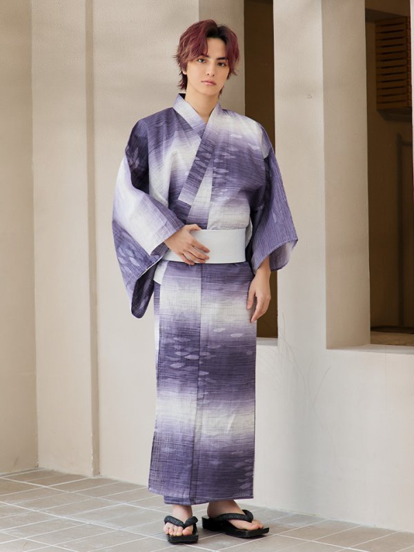 画像4: 【即日発送】【メンズ浴衣】濃淡紫地にボーダーデザインの紳士浴衣【浴衣３点セット 浴衣/帯/下駄】[FB03]