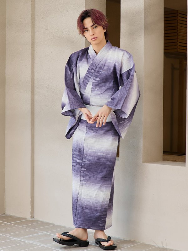 画像6: 【即日発送】【メンズ浴衣】濃淡紫地にボーダーデザインの紳士浴衣【浴衣３点セット 浴衣/帯/下駄】[FB03]
