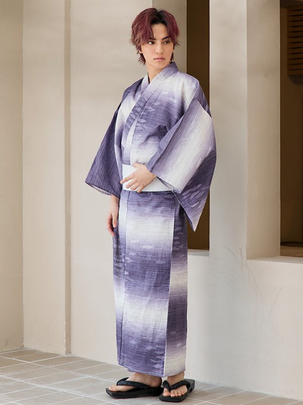 画像7: 【即日発送】【メンズ浴衣】濃淡紫地にボーダーデザインの紳士浴衣【浴衣３点セット 浴衣/帯/下駄】[FB03]