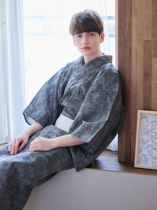 画像10: 【即日発送】【メンズ浴衣】黒地に迷彩柄ストライプ紳士浴衣【浴衣３点セット 浴衣/帯/下駄】[YMT]