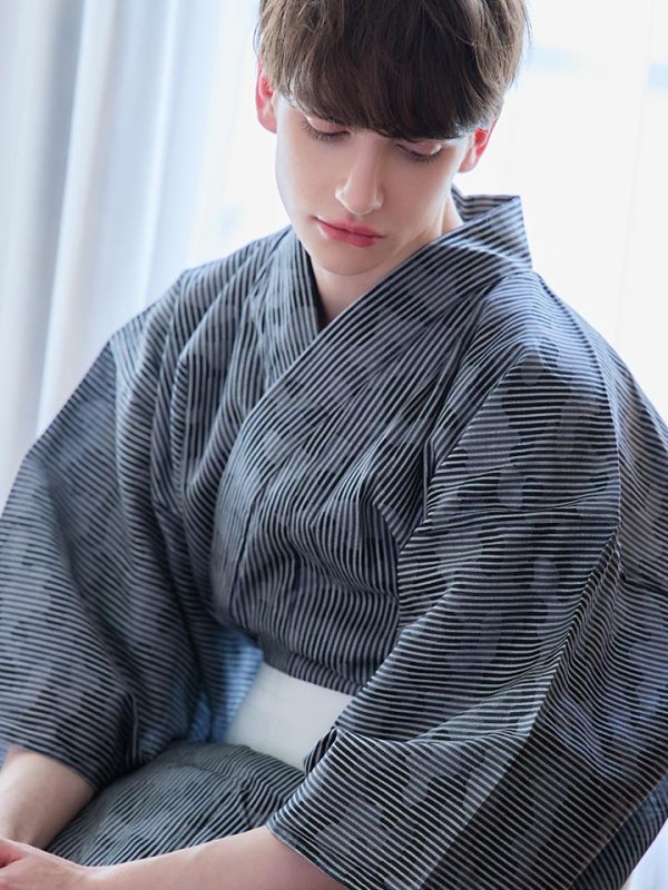 画像11: 【即日発送】【メンズ浴衣】黒地に迷彩柄ストライプ紳士浴衣【浴衣３点セット 浴衣/帯/下駄】[YMT]