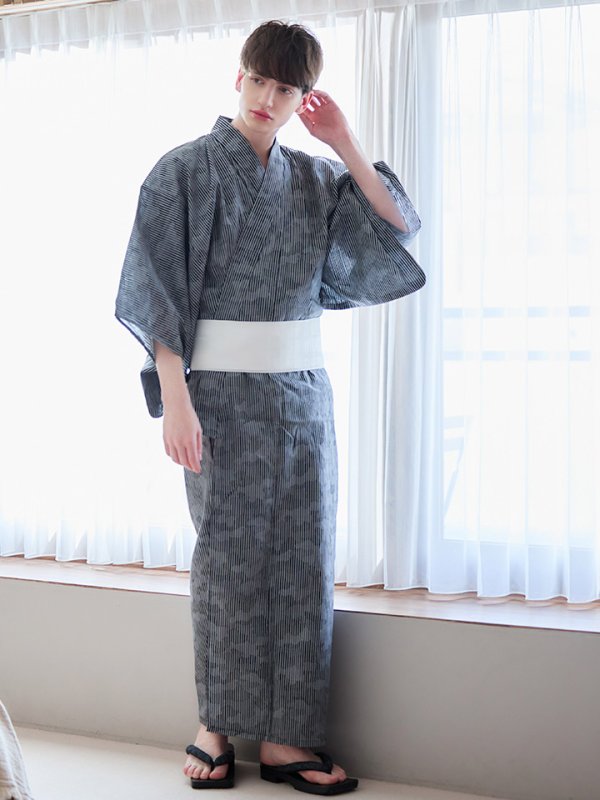 画像12: 【即日発送】【メンズ浴衣】黒地に迷彩柄ストライプ紳士浴衣【浴衣３点セット 浴衣/帯/下駄】[YMT]