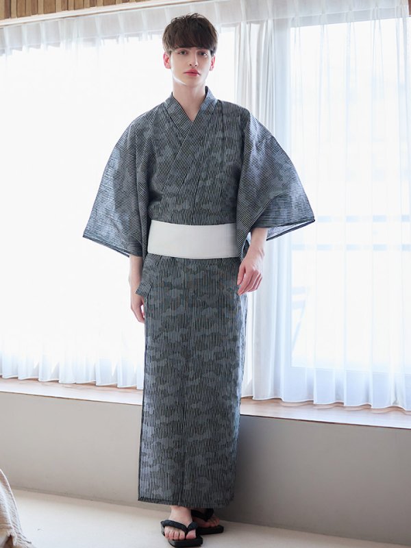 画像4: 【即日発送】【メンズ浴衣】黒地に迷彩柄ストライプ紳士浴衣【浴衣３点セット 浴衣/帯/下駄】[YMT]