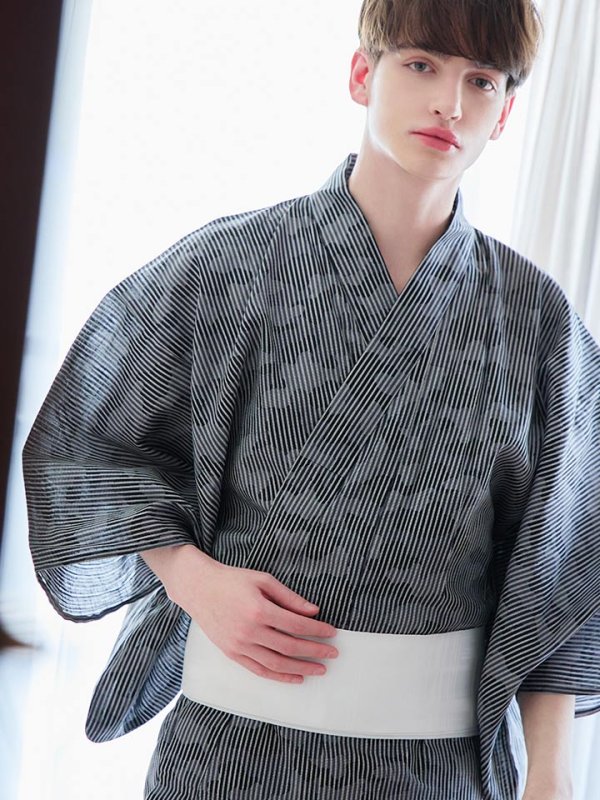 画像7: 【即日発送】【メンズ浴衣】黒地に迷彩柄ストライプ紳士浴衣【浴衣３点セット 浴衣/帯/下駄】[YMT]