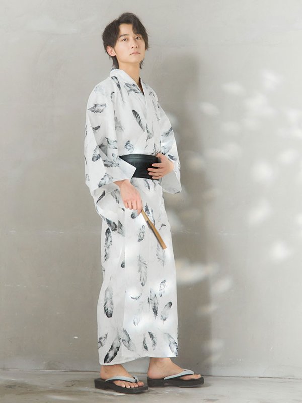 画像11: 【即日発送！】【メンズ浴衣】大理石×モノトーンフェザー浴衣【浴衣３点セット 浴衣/帯/下駄】[YMT]