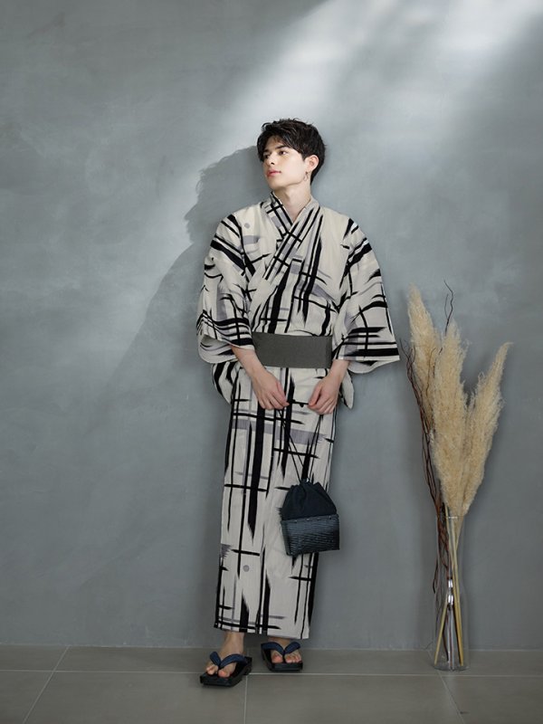 画像5: 【即日発送】【メンズ浴衣】ストライプ地モダン浴衣【浴衣３点セット 浴衣/帯/下駄】[YMT]