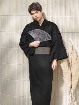 【即日発送】【メンズ浴衣】しじら漆黒無地浴衣【浴衣３点セット 浴衣/帯/下駄】[YMT]