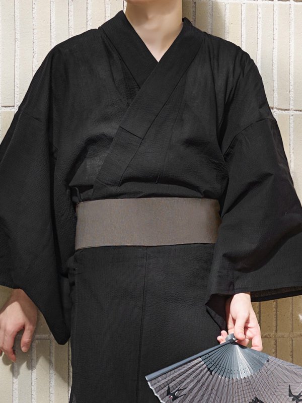 画像11: 【即日発送】【メンズ浴衣】しじら漆黒無地浴衣【浴衣３点セット 浴衣/帯/下駄】[YMT]
