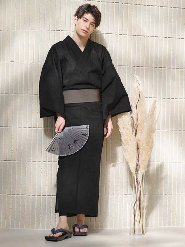 画像3: 【即日発送】【メンズ浴衣】しじら漆黒無地浴衣【浴衣３点セット 浴衣/帯/下駄】[YMT]