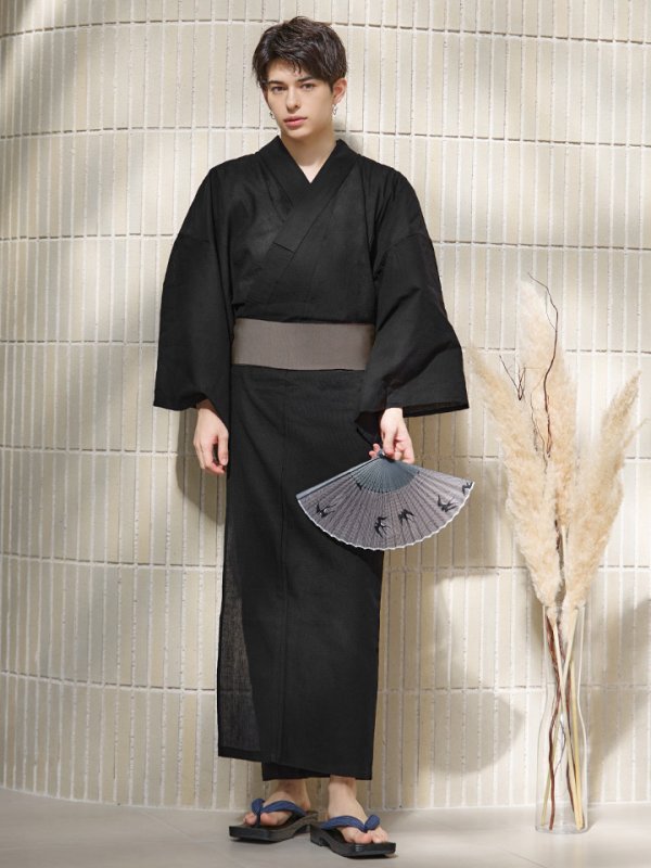 画像4: 【即日発送】【メンズ浴衣】しじら漆黒無地浴衣【浴衣３点セット 浴衣/帯/下駄】[YMT]
