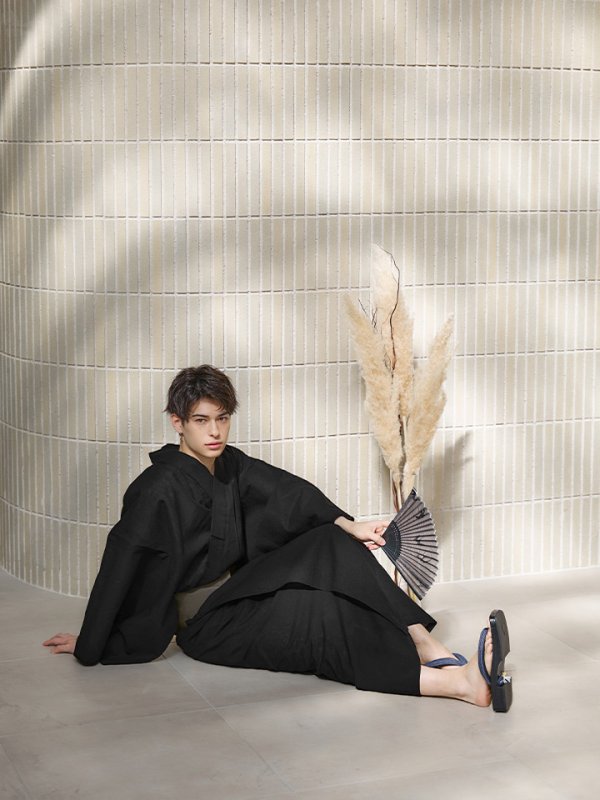 画像5: 【即日発送】【メンズ浴衣】しじら漆黒無地浴衣【浴衣３点セット 浴衣/帯/下駄】[YMT]