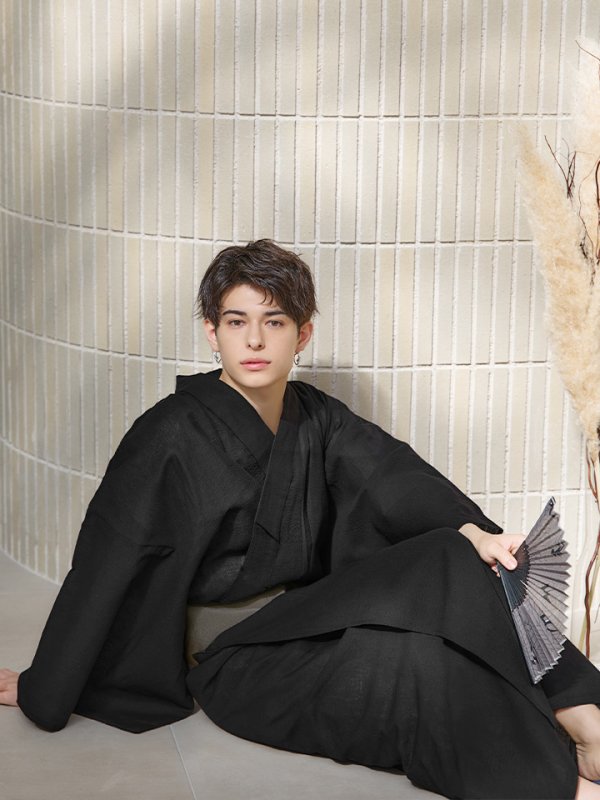 画像6: 【即日発送】【メンズ浴衣】しじら漆黒無地浴衣【浴衣３点セット 浴衣/帯/下駄】[YMT]