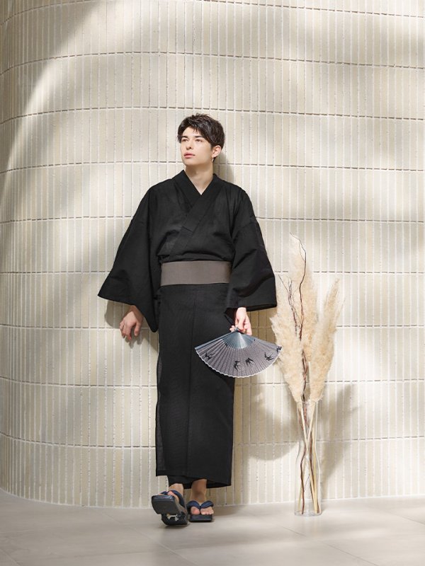 画像7: 【即日発送】【メンズ浴衣】しじら漆黒無地浴衣【浴衣３点セット 浴衣/帯/下駄】[YMT]