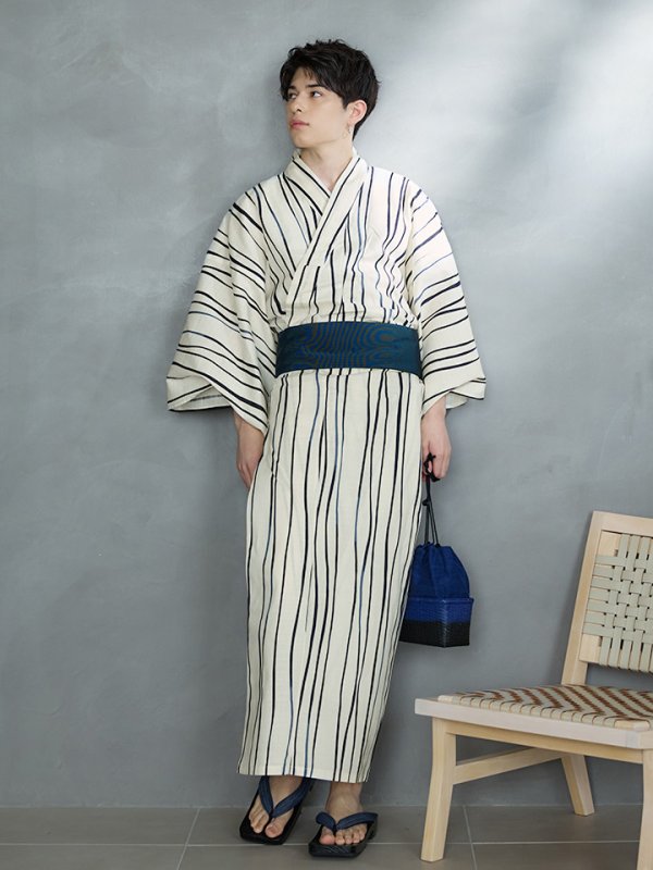 画像3: 【即日発送】【メンズ浴衣】白地×ストライプ浴衣【浴衣３点セット 浴衣/帯/下駄】[YMT]