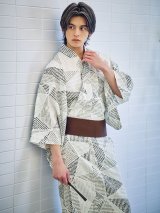 【即日発送】カーキグリーン幾何学的模様浴衣 OBI-MS-002-wk-4-WR / / / / GETA-MS-32-ok-1-B/ [/YMT]