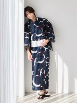 【即日発送】【メンズ浴衣】ネイビー×筆描き円文様浴衣【浴衣３点セット 浴衣/帯/下駄】[OF04]