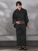 【即日発送】ブラック×グリーン幾何学的模様紳士浴衣【浴衣３点セット 浴衣/帯/下駄】[FB03]