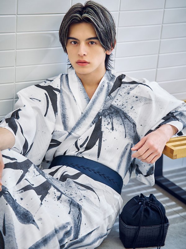 画像1: 【予約 / 5月中旬発送予定】水墨デザイン紳士浴衣 OBI-MS-003-wk-2-NV / SEI-GETA-MS-32-ok-1-B [yog/YMT]