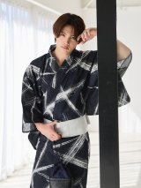 【即日発送】【メンズ浴衣】ダークネイビー地×ホワイトライン浴衣【浴衣３点セット 浴衣/帯/下駄】[OF04]