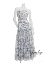 XSサイズあり【ANDY/アンディ】ベアトップ/ ウエストカット/ ノースリーブ/ 総柄/ リボン/ Aライン/ フレア/ ワンピース/ ロングドレス/ キャバドレス[OF05]
