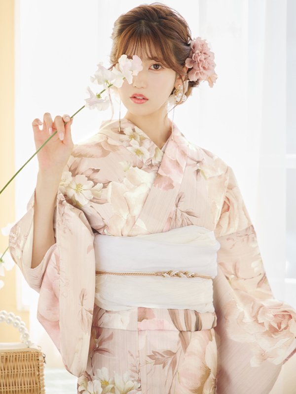 画像1: 【即日発送！】くすみピンクスウィート浴衣 OBI-siwa-200-kj-13-OW / HIMO-900-yn-8-P / HEKO-800-sb-5-WH / YA-74-kn-P / GETA-01-kj-7-P [YMT]