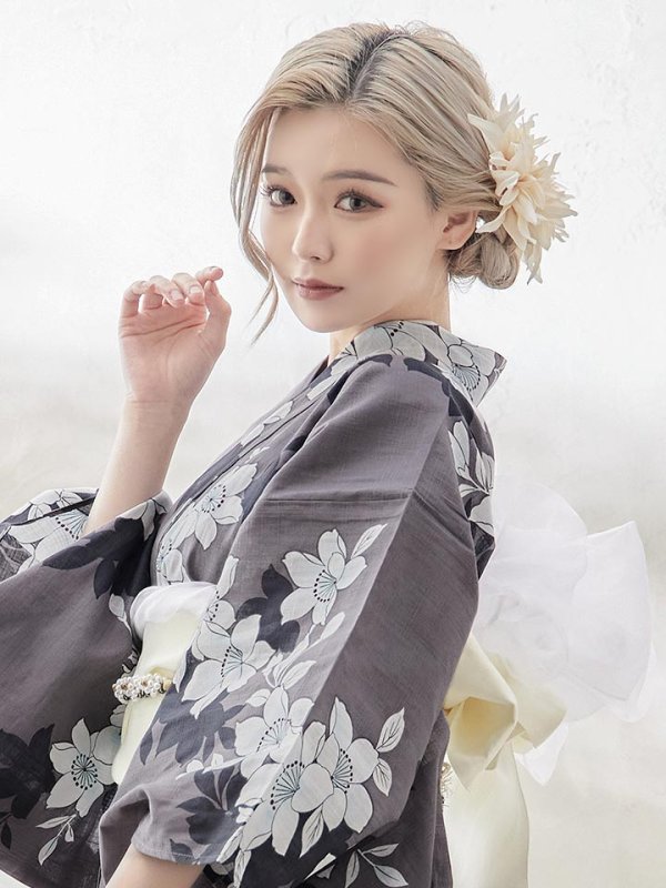 画像6: 【即日発送】【浴衣】クラシカルグレーの百合浴衣 【浴衣３点セット 浴衣/帯/下駄】[YMT]