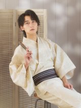 【即日発送】【メンズ浴衣】ベージュ麻の葉柄【浴衣３点セット 浴衣/帯/下駄】（OBI-MS-005-wk-5-WR）[YMT]
