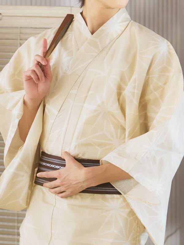 画像19: 【即日発送】【メンズ浴衣】ベージュ麻の葉柄【浴衣３点セット 浴衣/帯/下駄】[FB03]
