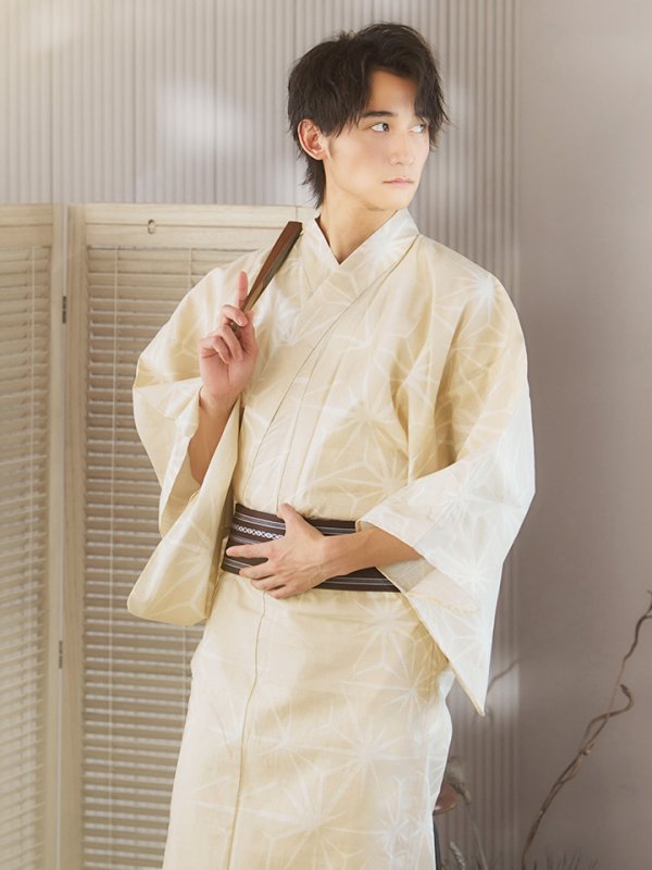 画像4: 【即日発送】【メンズ浴衣】ベージュ麻の葉柄【浴衣３点セット 浴衣/帯/下駄】[FB03]