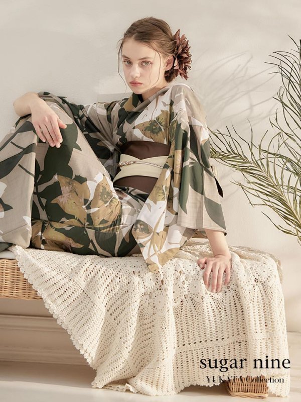 画像3: 【即日発送】【オリジナル浴衣】ヘルシーリーフ柄浴衣 【浴衣３点セット 浴衣/帯/下駄】[YMT]