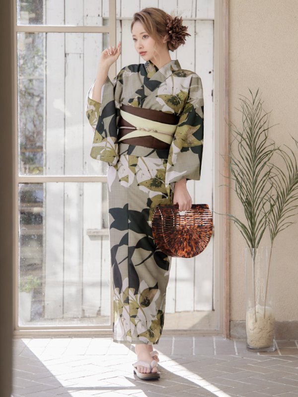 画像4: 【即日発送】【オリジナル浴衣】ヘルシーリーフ柄浴衣【浴衣３点セット 浴衣/帯/下駄】[YMT]