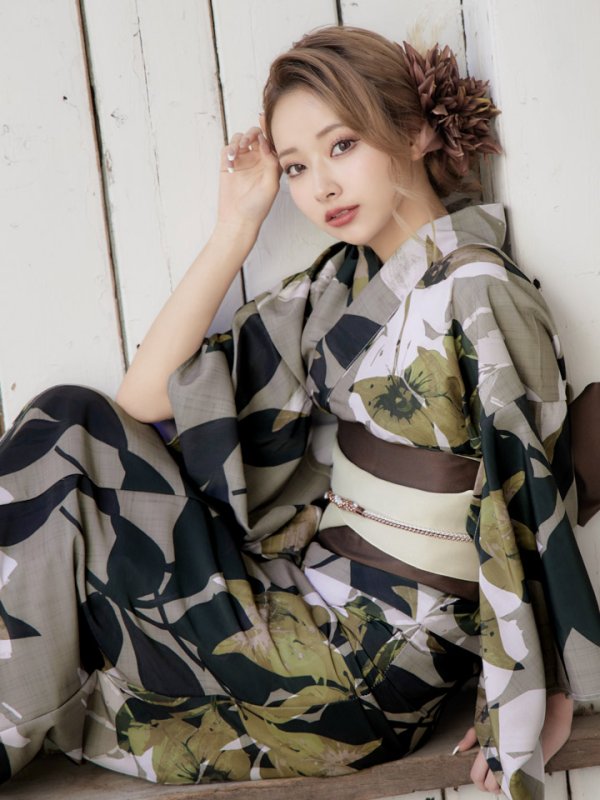 画像9: 【即日発送】【オリジナル浴衣】ヘルシーリーフ柄浴衣【浴衣３点セット 浴衣/帯/下駄】[YMT]