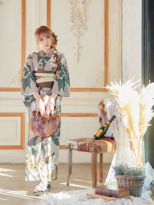 画像4: 【即日発送】【オリジナル浴衣】ヘルシーリーフ柄浴衣 【浴衣３点セット 浴衣/帯/下駄】[YMT]