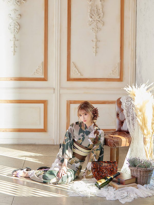 画像7: 【即日発送】【オリジナル浴衣】ヘルシーリーフ柄浴衣 【浴衣３点セット 浴衣/帯/下駄】[YMT]