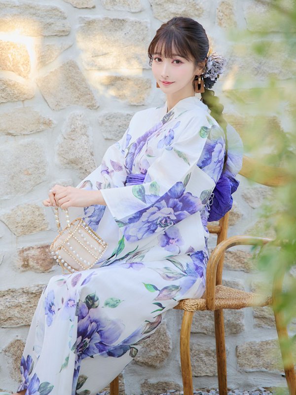 画像14: 【即日発送！】【浴衣】白地に水彩牡丹のクラシック浴衣 【浴衣３点セット 浴衣/帯/下駄】 グラデーション帯[YMT]