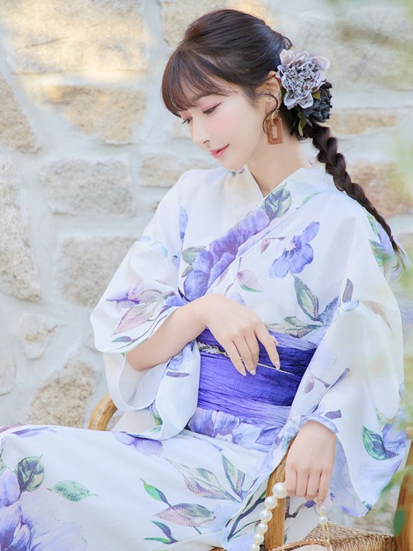 画像16: 【即日発送！】【浴衣】白地に水彩牡丹のクラシック浴衣 【浴衣３点セット 浴衣/帯/下駄】 グラデーション帯[YMT]