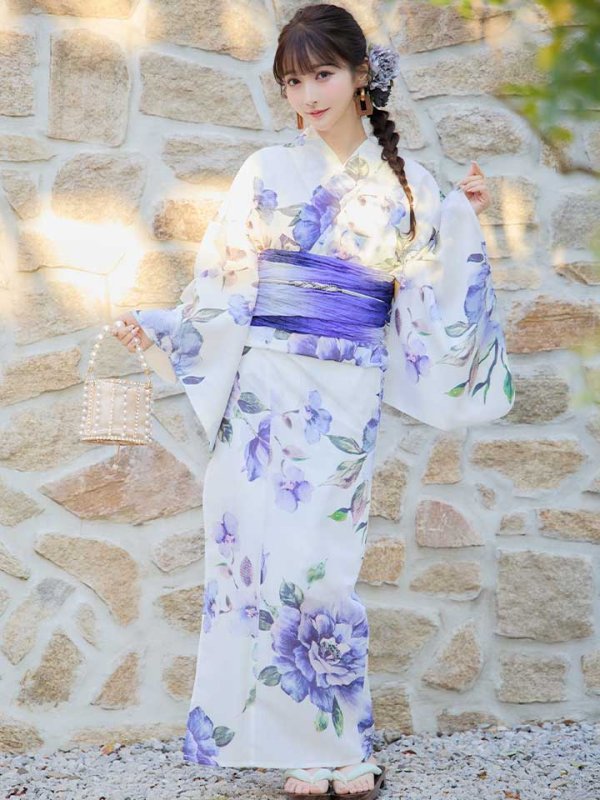 画像4: 【即日発送！】【浴衣】白地に水彩牡丹のクラシック浴衣 【浴衣３点セット 浴衣/帯/下駄】 グラデーション帯[YMT]