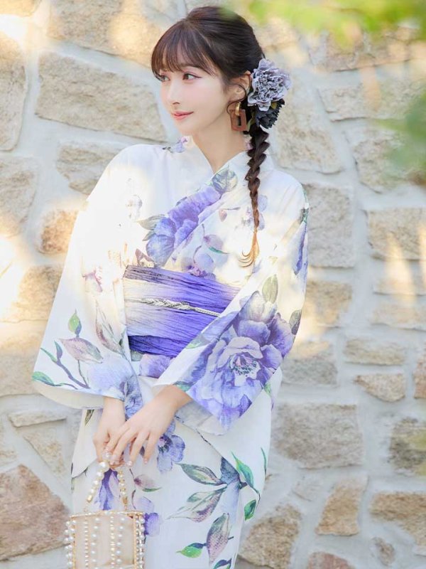 画像9: 【即日発送！】【浴衣】白地に水彩牡丹のクラシック浴衣 【浴衣３点セット 浴衣/帯/下駄】 グラデーション帯[YMT]