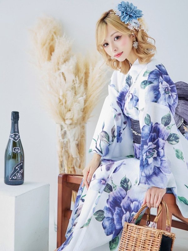 画像10: 【即日発送！】【浴衣】白地に水彩牡丹のクラシック浴衣 【浴衣３点セット 浴衣/帯/下駄】 グラデーション帯[YMT]