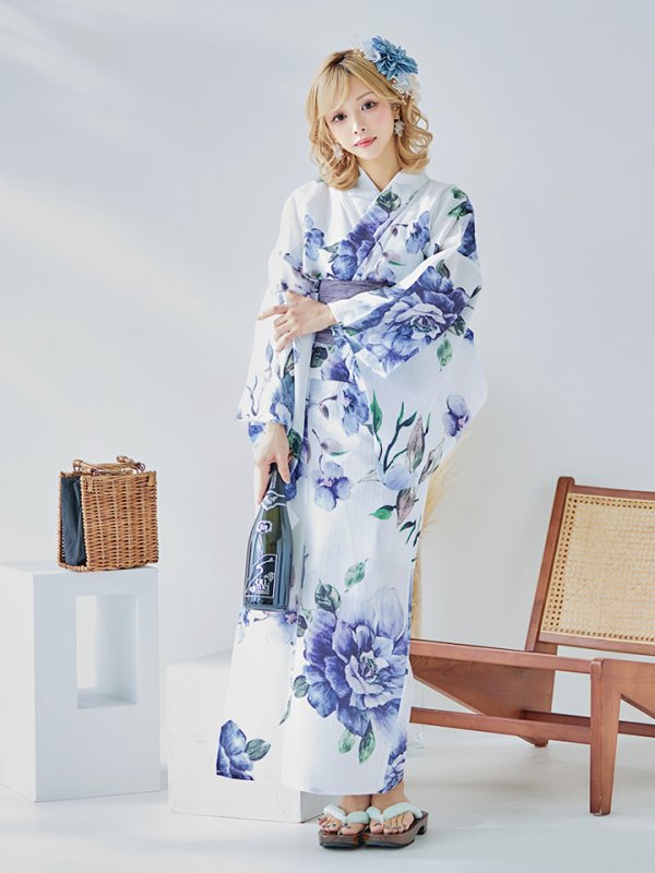 画像4: 【即日発送！】【浴衣】白地に水彩牡丹のクラシック浴衣 【浴衣３点セット 浴衣/帯/下駄】 グラデーション帯[YMT]