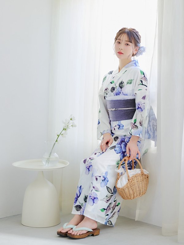 画像12: 【即日発送！】【浴衣】白地に水彩牡丹のクラシック浴衣 【浴衣３点セット 浴衣/帯/下駄】 グラデーション帯[YMT]
