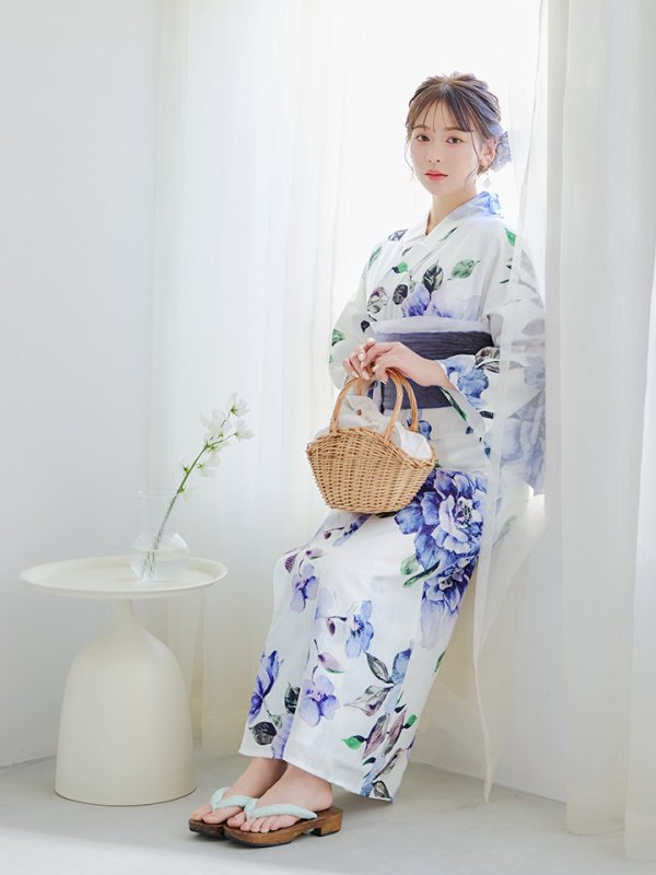 画像13: 【即日発送！】【浴衣】白地に水彩牡丹のクラシック浴衣 【浴衣３点セット 浴衣/帯/下駄】 グラデーション帯[YMT]