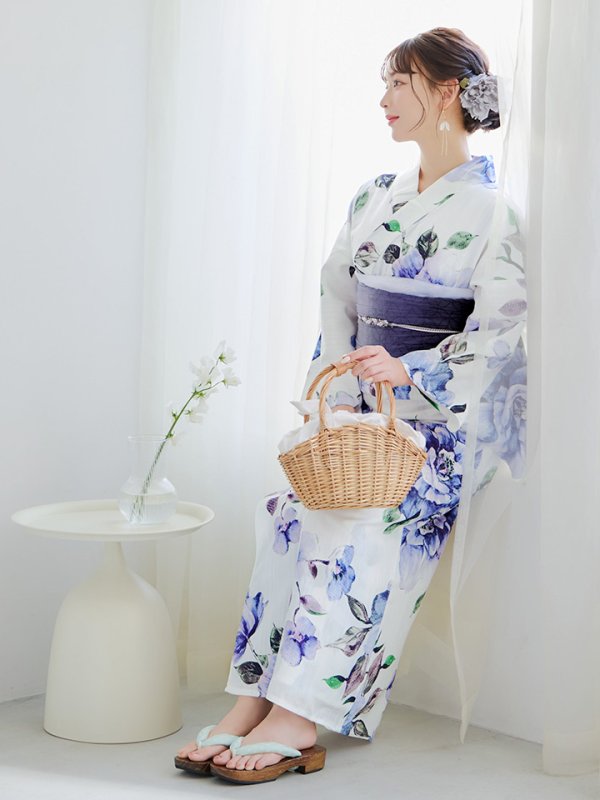 画像14: 【即日発送！】【浴衣】白地に水彩牡丹のクラシック浴衣 【浴衣３点セット 浴衣/帯/下駄】 グラデーション帯[YMT]
