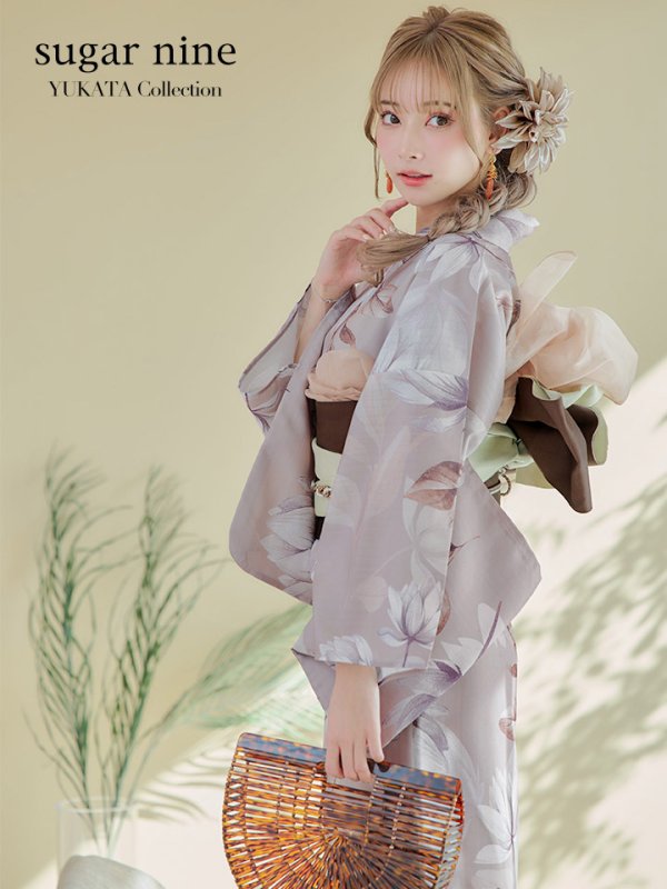 画像1: 【即日発送！】【浴衣】ホワイトフラワーブラウン浴衣   OBI-hira-100-ok-2-BRxBE / HIMO-900-yn-7-MOC / YA-940-kj-MOC / HEKO-800-sb-3-BR / GETA-02-ok-2-IV  [YMT]