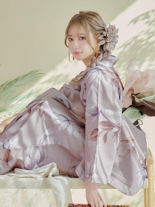 画像12: 【即日発送！】【浴衣】ホワイトフラワーブラウン浴衣 【浴衣３点セット 浴衣/帯/下駄】[YMT]