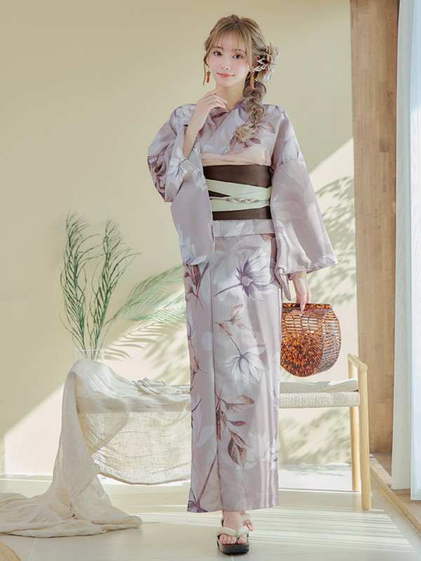 画像4: 【即日発送！】【浴衣】ホワイトフラワーブラウン浴衣 【浴衣３点セット 浴衣/帯/下駄】[YMT]