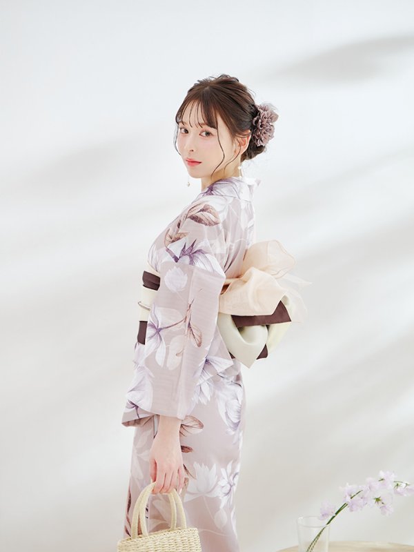 画像11: 【即日発送】【浴衣】ホワイトフラワーブラウン浴衣 【浴衣３点セット 浴衣/帯/下駄】[YMT]