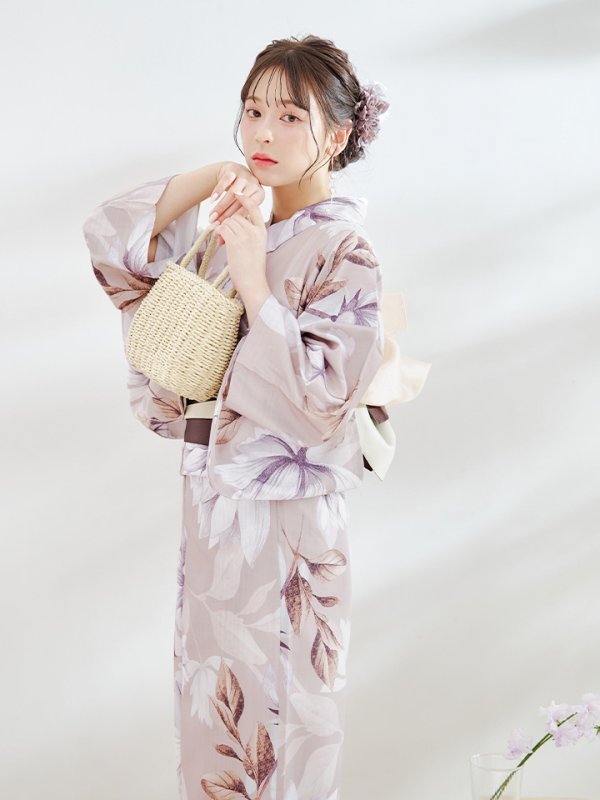 画像13: 【即日発送】【浴衣】ホワイトフラワーブラウン浴衣 【浴衣３点セット 浴衣/帯/下駄】[YMT]